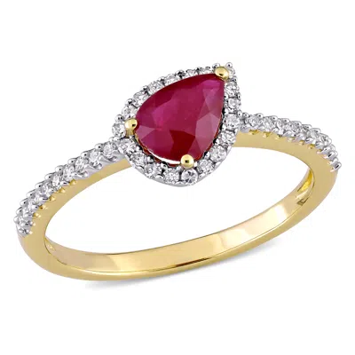 Mimi & Max 7/8ct Tgw Ruby 1/5ct Tw Diamond Teardrop Halo Ring 14k Yellow Gold In Pink