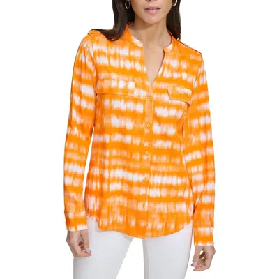 Calvin Klein Womens Printed Polyester Button-down Top In Multi