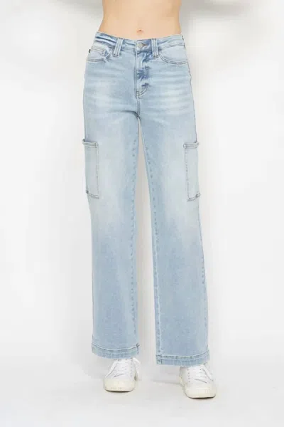 JUDY BLUE HIGH WAIST CARGO WIDE LEG JEAN IN LIGHT WASH 