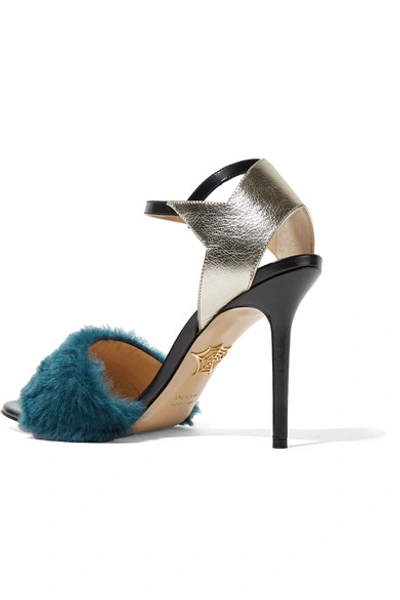 Shop Charlotte Olympia Capella Shearling And Metallic Textured-leather Sandals