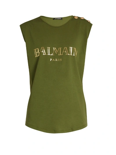Balmain Logo Button Tank Top In Olive-green