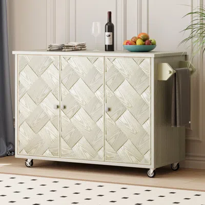 Streamdale Furniture Streamdale Handwoven Coastal Kitchen Island With Drop Leaf, Solid Wood Cabinet
