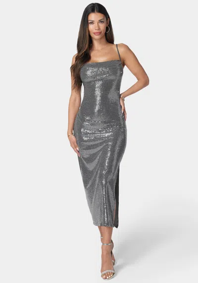 Bebe Disco Sequin Midi Dress In Pewter
