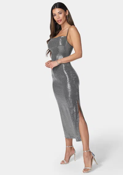 Bebe Disco Sequin Midi Dress In Pewter