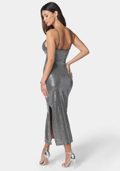 Bebe Disco Sequin Midi Dress In Pewter