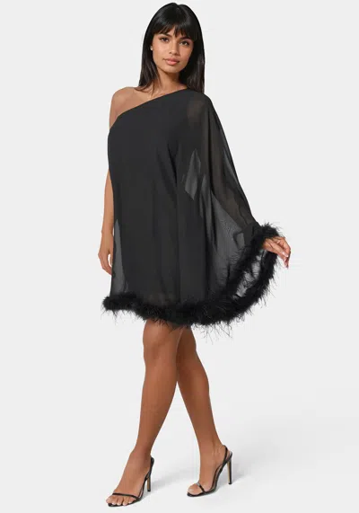 Bebe One Shoulder Feather Cape Dress In Black