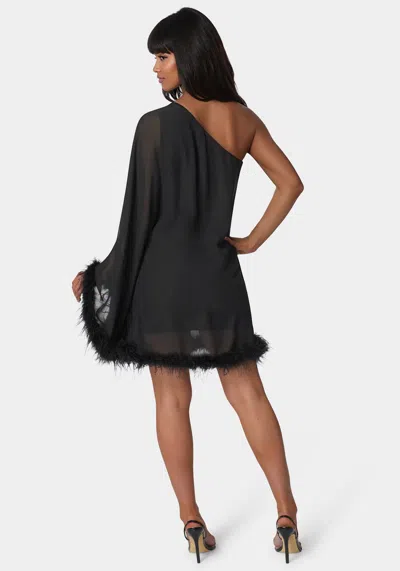 Bebe One Shoulder Feather Cape Dress In Black