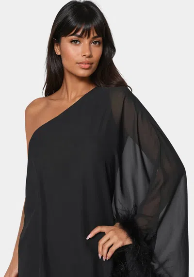 Bebe One Shoulder Feather Cape Dress In Black