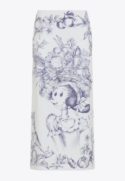 Moschino Maxi Skirt With Whimsical Floral Character Illustration In White