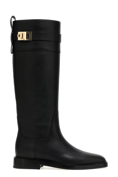 Ferragamo Tall Square-toe Boots Gold Hardware In Black