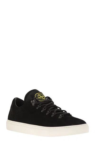 Stone Island Black Low Top Sneakers With Logo Patch On The Tongue In Suede Man In Black
