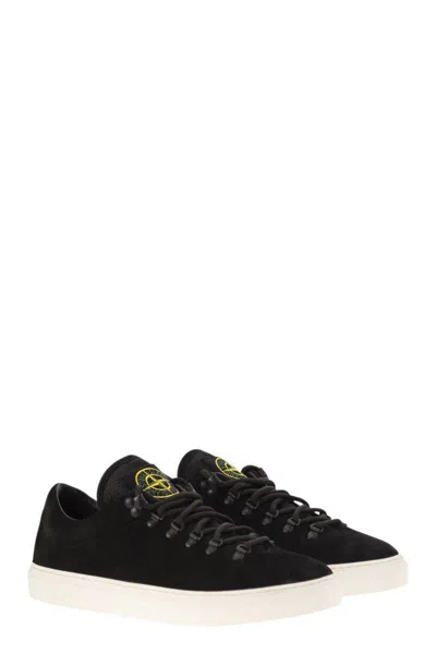 Stone Island Black Low Top Sneakers With Logo Patch On The Tongue In Suede Man In Black