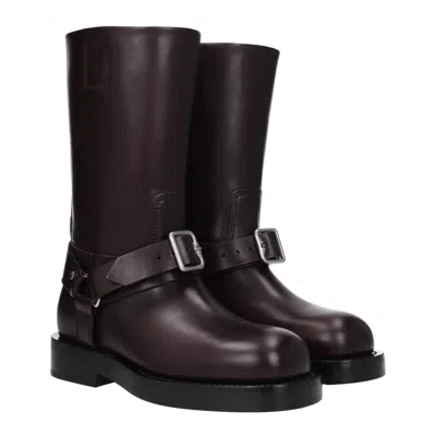 Burberry Women Aubergine Leather Saddle Ankle Boots