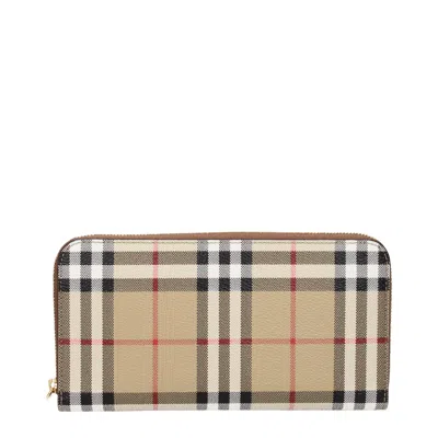 Burberry Compact Wallet With Zip In Beige Polyurethane Tartan Pattern