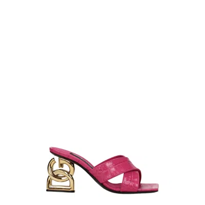 Dolce & Gabbana Fuchsia Mules With Dg Logo Heel In Patent Leather Woman