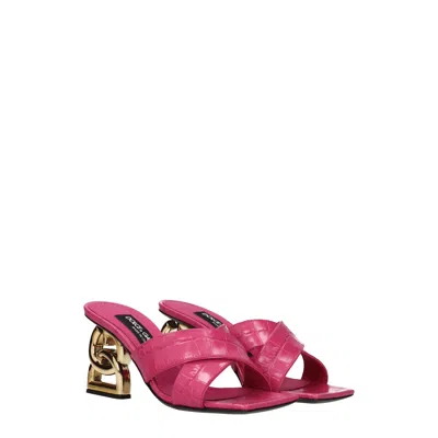 Dolce & Gabbana Fuchsia Mules With Dg Logo Heel In Patent Leather Woman
