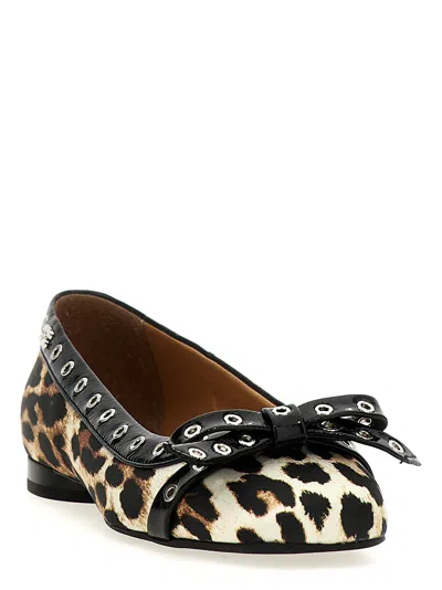 Ganni Multicolor Ballet Flats With Eyelets And All-over Leopard Print In Satin Woman