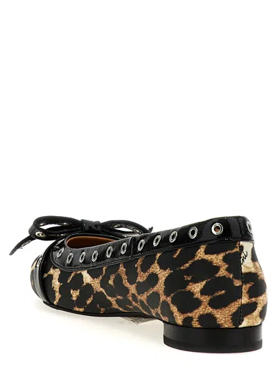 Ganni Multicolor Ballet Flats With Eyelets And All-over Leopard Print In Satin Woman