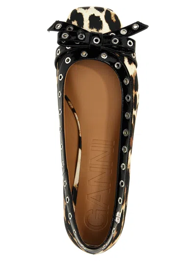 Ganni Multicolor Ballet Flats With Eyelets And All-over Leopard Print In Satin Woman