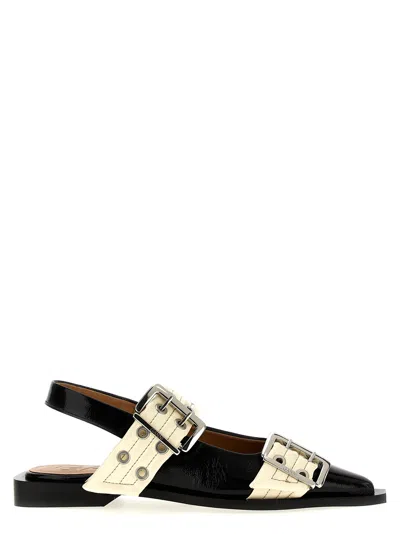 Ganni Black And White Slingback Ballerina Flats With Buckles