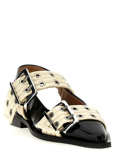 Ganni Black And White Slingback Ballerina Flats With Buckles