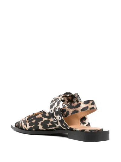Ganni Multicolor Ballet Shoes With Double Buckle And All-over Leopard Print