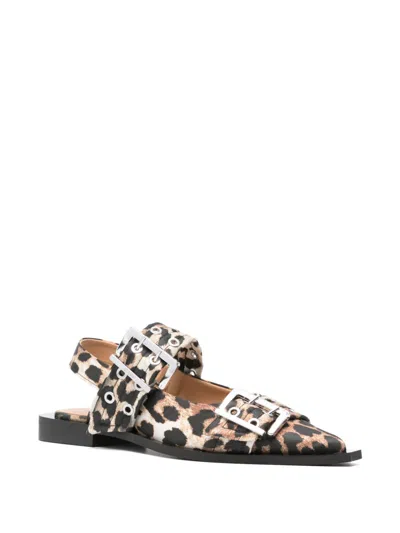 Ganni Multicolor Ballet Shoes With Double Buckle And All-over Leopard Print