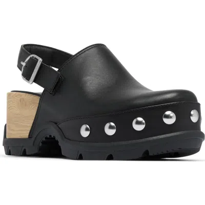 Sorel Roman Leather Slingback Platform Clogs In Black/black