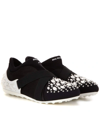 Miu Miu Swarovski Crystal Cap Toe Sneakers In Black