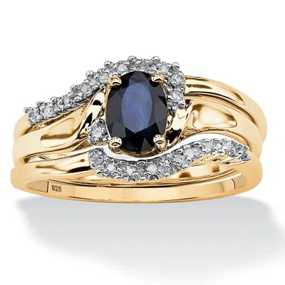 Palm Beach Jewelry 1.05 Tcw 3 Piece Oval-cut Midnight Sapphire Ring Set In 18k Gold-plated Silver In Blue