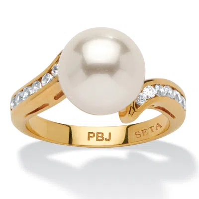 Palm Beach Jewelry .16 Tcw Round Simulated Pearl Cubic Zirconia Accent Yellow Gold-plated Ring In White