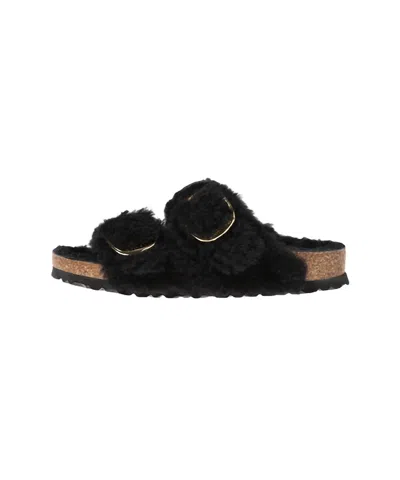 Birkenstock Arizona Shearling Slides With Large Buckle In Black