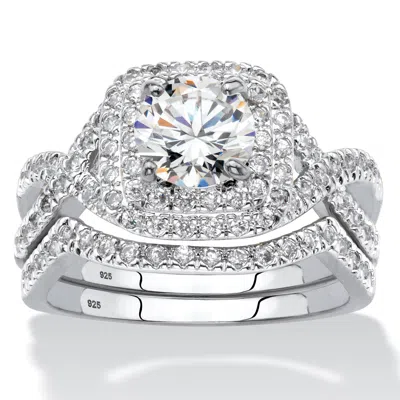 Palm Beach Jewelry 2.20 Tcw Cz Two-piece Halo Bridal Ring Set In Platinum-plated Sterling Silver In White