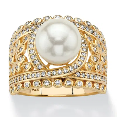 Palm Beach Jewelry .65 Cttw. 14k Gold-plated Sterling Silver Simulated Pearl And Cz Floral Ring In White