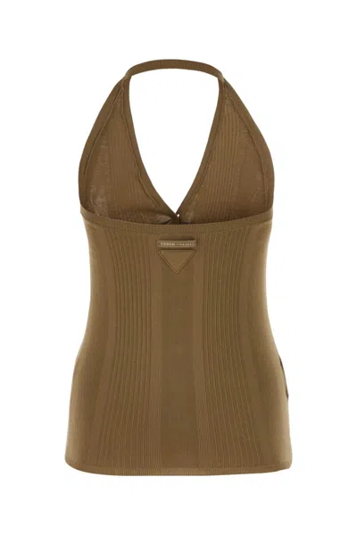 Prada Cotton Knit Halter V-neck With Ribbed Texture And Button Accents