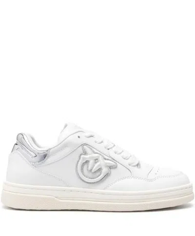 Pinko White Leather Sneakers With Metallic Accents In White