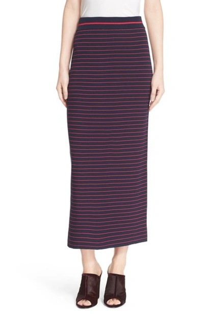 Shop Tanya Taylor Stripe Ribbed Midi Skirt In Midnight/fuchsia