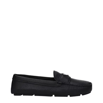 Prada Black Leather Shoes With Rounded Toe In Black