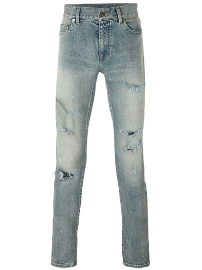 Saint Laurent Distressed Skinny Jeans In Blue