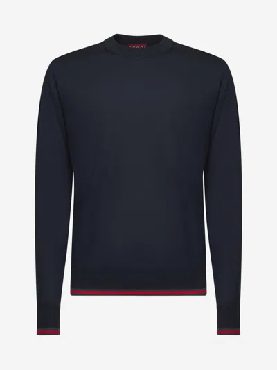 Gucci Blue Crewneck Sweater With Web Trims In Wool Man