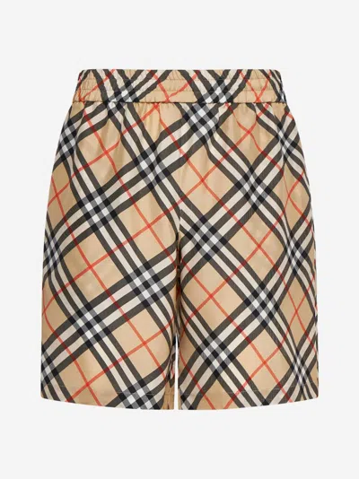 Burberry Drawstring Waistband Check Shorts With Embroidered Detail In Sand