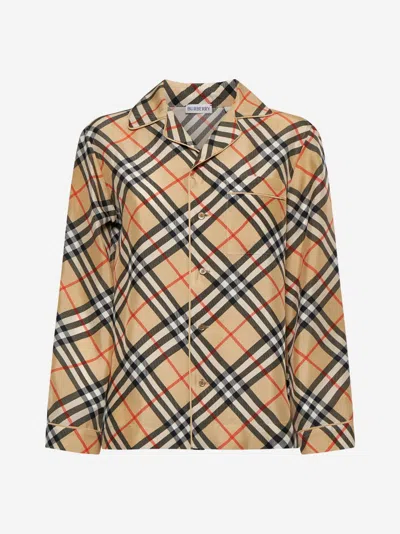 Burberry Check Print Silk Shirt In Sand
