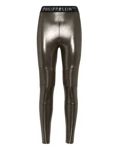 Philipp Plein Logo-waistband Lamé Leggings In Gold