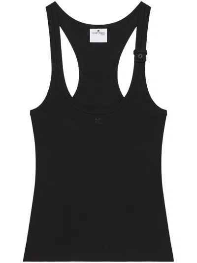 Courrèges Courreges Black Racerback Tank Top With Logo Patch In Black