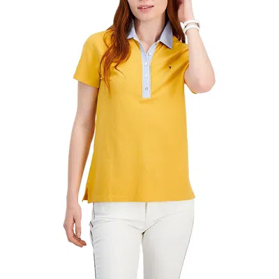 Tommy Hilfiger Womens Button Front Short Sleeve Polo Top In Yellow