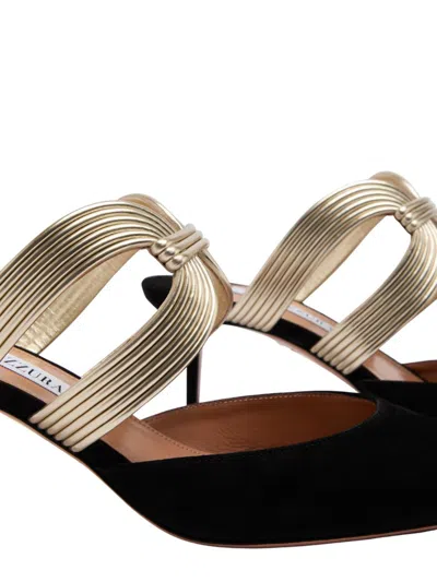 Aquazzura Escenia 50 Two-tone Metallic And Suede Mules In Black