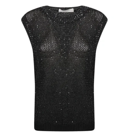 Golden Goose Sleeveless Top Round Neck Sequin Embellishments In Black