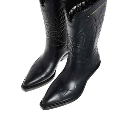Dior Embroidered Block Heel Mid-calf Boots In Black