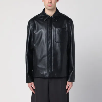Loewe Anagram Leather Zip-up Overshirt In Black