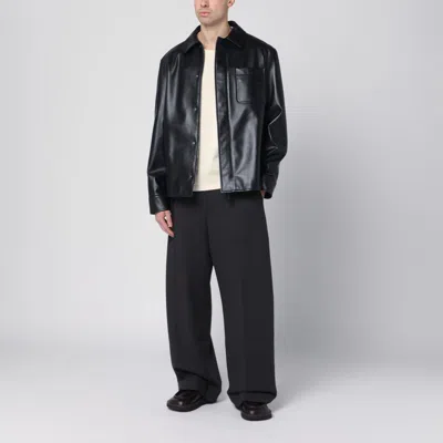 Loewe Anagram Leather Zip-up Overshirt In Black